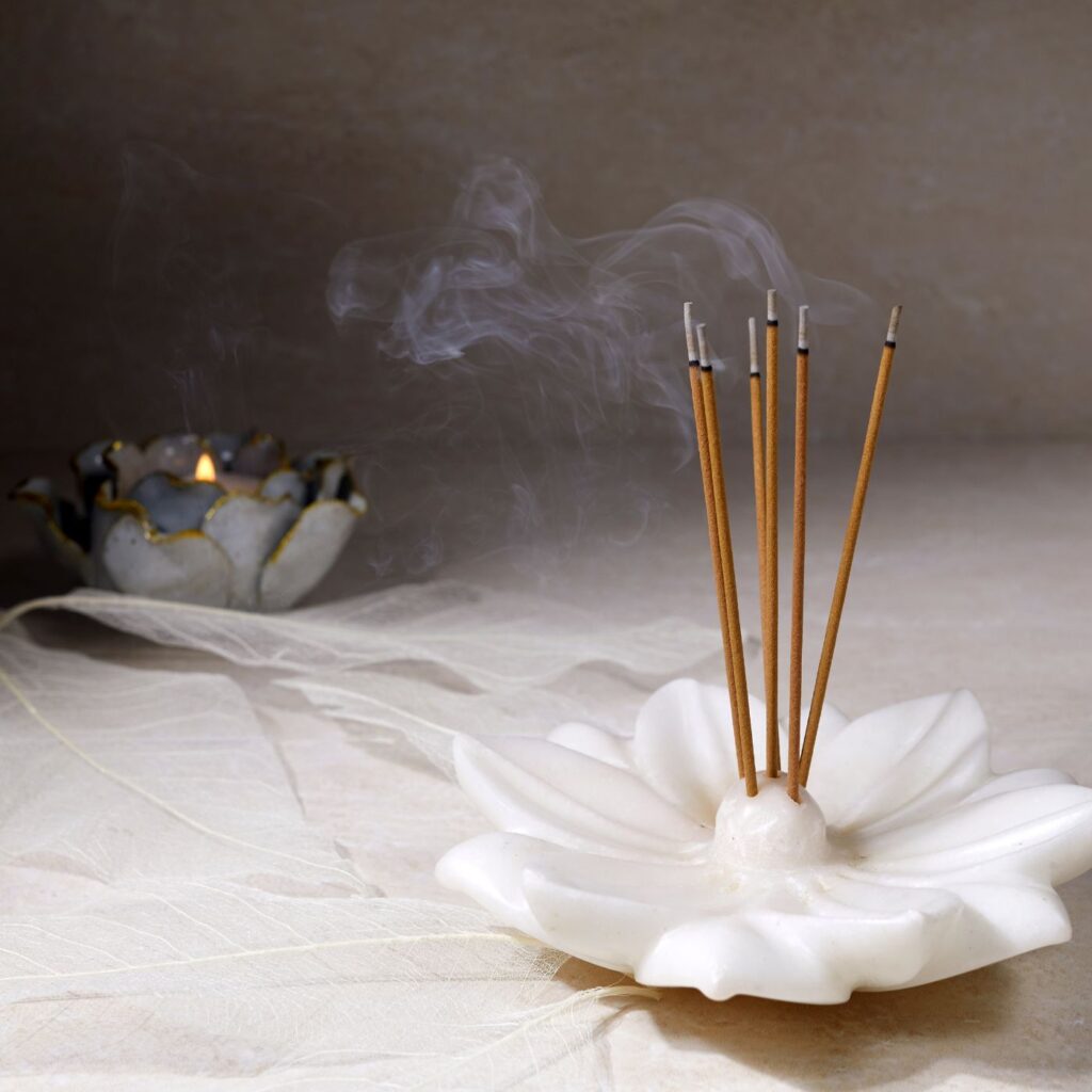 Incense in a white lotus flower holder with hues of brown in the distance. Image for cleansing your aura at home to enhance your own health with energy medicine.